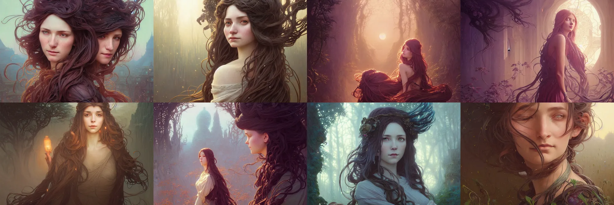 Image similar to highly detailed portrait of a woman with long hairs, stephen bliss, unreal engine, fantasy art by greg rutkowski, art nouveau, loish, rhads, ferdinand knab, makoto shinkai and lois van baarle, ilya kuvshinov, rossdraws, tom bagshaw, alphonse mucha, global illumination, radiant light, detailed and intricate environment