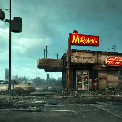 Image similar to post apocalyptic McDonald's, octane render, 4k