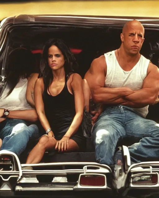 Prompt: Vin Diesel, Michelle Rodriguez, Jordana Brewster and the rest of the cast of the fast and the furious movies riding bumper cars, Photorealistic, Shot I’m the style of Annie Leibovitz