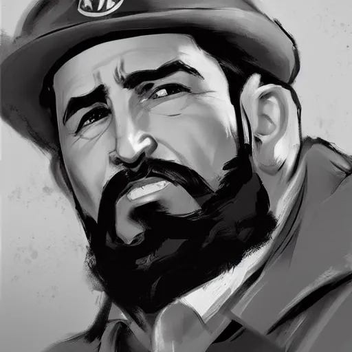 Image similar to greg manchess painting of fidel castro as an overwatch character, profile picture, matte painting, bold shapes, hard edges, street art, trending on artstation, by huang guangjian and gil elvgren and sachin teng