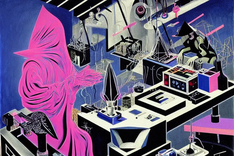 Image similar to a highly detailed beautiful masterpiece painting of a technomancer wizard in dazzle camouflage robes with pointed hood tampering with the world engine in his laboratory near a computer by Remedios Varo and Anato Finnstark and Greg Rutkowski and Andy Warhol and Francis Picabia, dayglo pink, dayglo blue, prismatic, pearlescent white, raven black, hyperrealism, 8k, trending on ArtStation