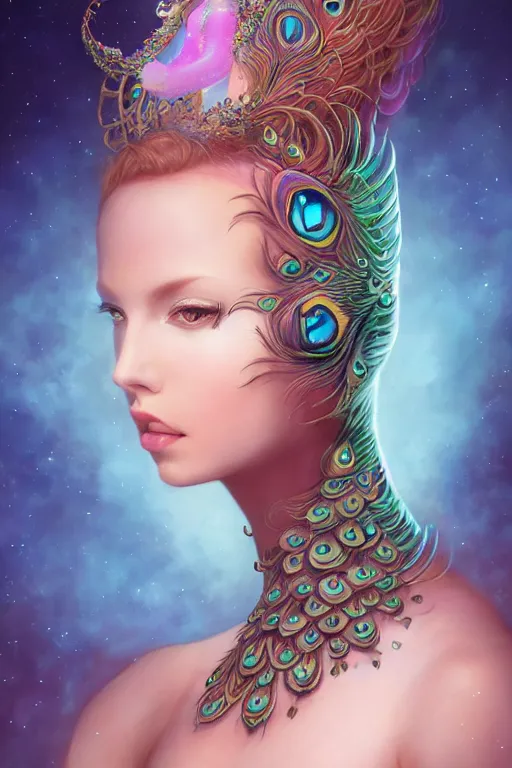 Prompt: portrait of an elegant alien peacock woman queen, straight on portrait, full body character concept art, concept art, by artgerm, tom bagshaw, gerald brom, vaporwave colors, lofi colors, vaporwave, lofi, cel shading, toon shading, 4 k, hd,