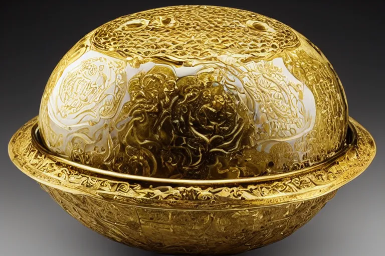 Prompt: an ornate golden bowl of rice, side-view, highly detailed photograph