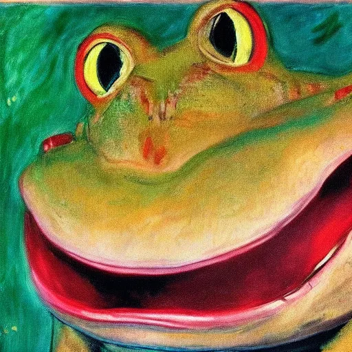 Prompt: the smiling frog, painting by edvard munch
