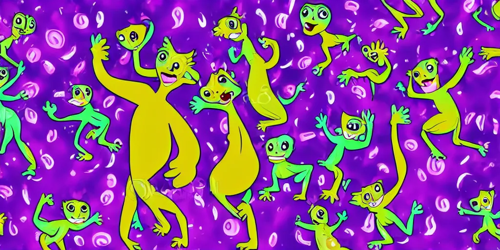 Prompt: a purple lemur dancing in a disco with other colorful lemurs in the background, cartoon artstyle