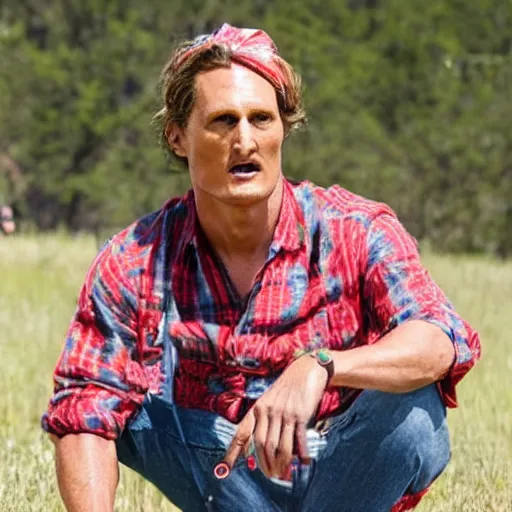 Image similar to a man who is a combination of woody Harrelson and Mathew McConaughey is wearing a red bandana and trying to sell you a tent trailer