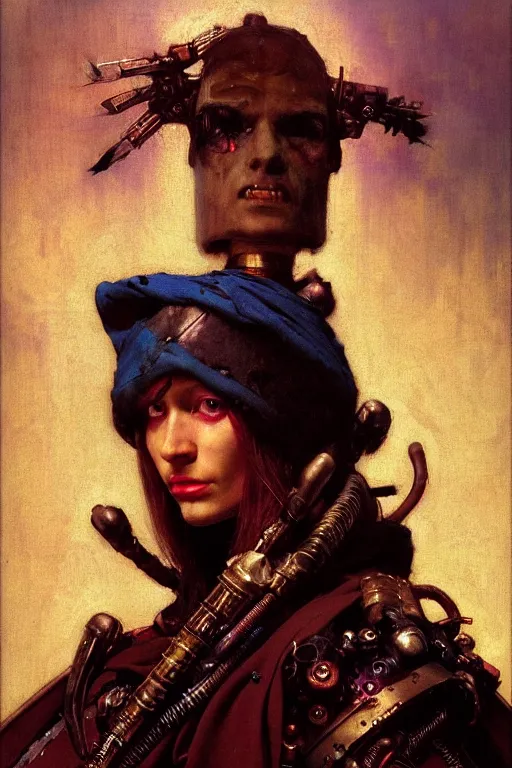 Image similar to full character portrait max mad cyberpunk warhammer 4 0 k, tech priest medic not the girl with the pearl earring character design, painting by gaston bussiere, katsuya terada, wyeth, greg rutkowski, craig mullins, ( ( ( ( ( vermeer ) ) ) ) ), frank frazetta, mucha, tom of finland, trending on artstation