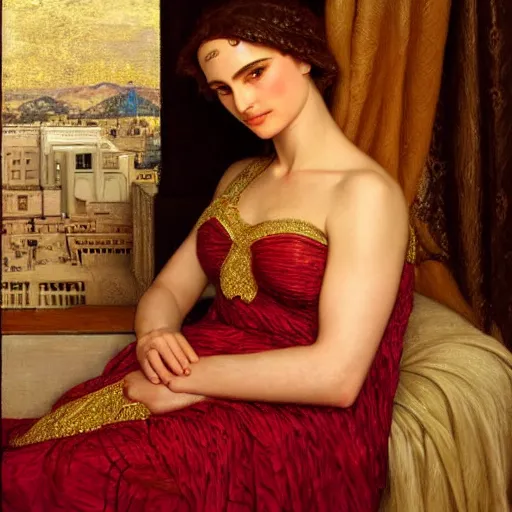 Image similar to beautiful_golden_portrait_of_a_Natalie_Portman_a s_Grand Odalisque_intricate_oil_paintingby Jo hn_William_Godward_by_Anna_Dittman_by J-H 768-C2.0