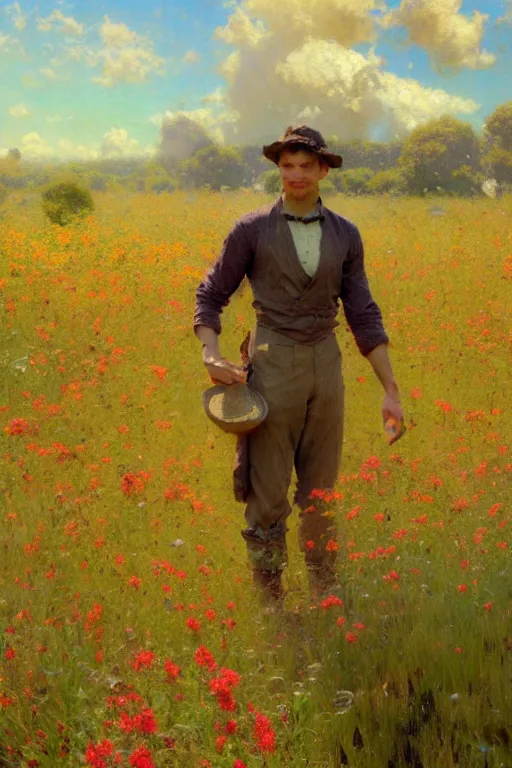 Image similar to attractive man in flower field, painting by gaston bussiere, craig mullins, j. c. leyendecker, ghibli style