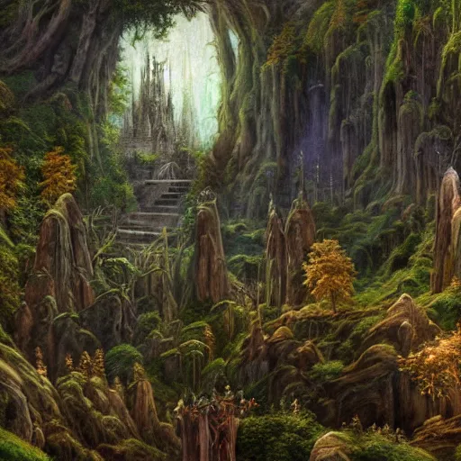 Image similar to a beautiful and highly detailed oil painting of an elven temple deep in the misty mountains, secret valley, tall spires, beautiful trees, ancient runes, intricate details, epic scale, insanely complex, 8 k, sharp focus, hyper realism, fantasy landscape, psychedelic, by caspar friedrich and brian froud,
