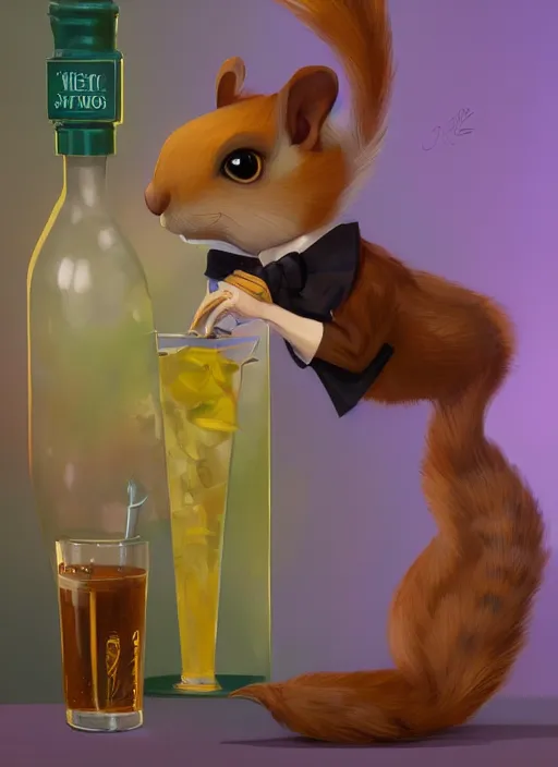 Image similar to squirrel anthro as a dapper bartender with a big, fluffy tail, retro futurism, art deco, detailed, painterly digital art by WLOP and Cory Loftis and Mark Arian, 🐿🍸🍋, furaffinity, trending on artstation