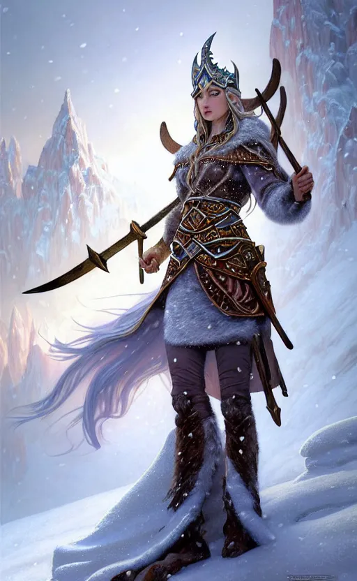 Image similar to opal viking warrior, regal, elegant, winter, snow, beautiful, stunning, hd, illustration, epic, d & d, fantasy, intricate, elegant, highly detailed, wide angle, digital painting, artstation, concept art, smooth, sharp focus, illustration, wallpaper, art by artgerm and greg rutkowski and alphonse mucha and jin xiaodi