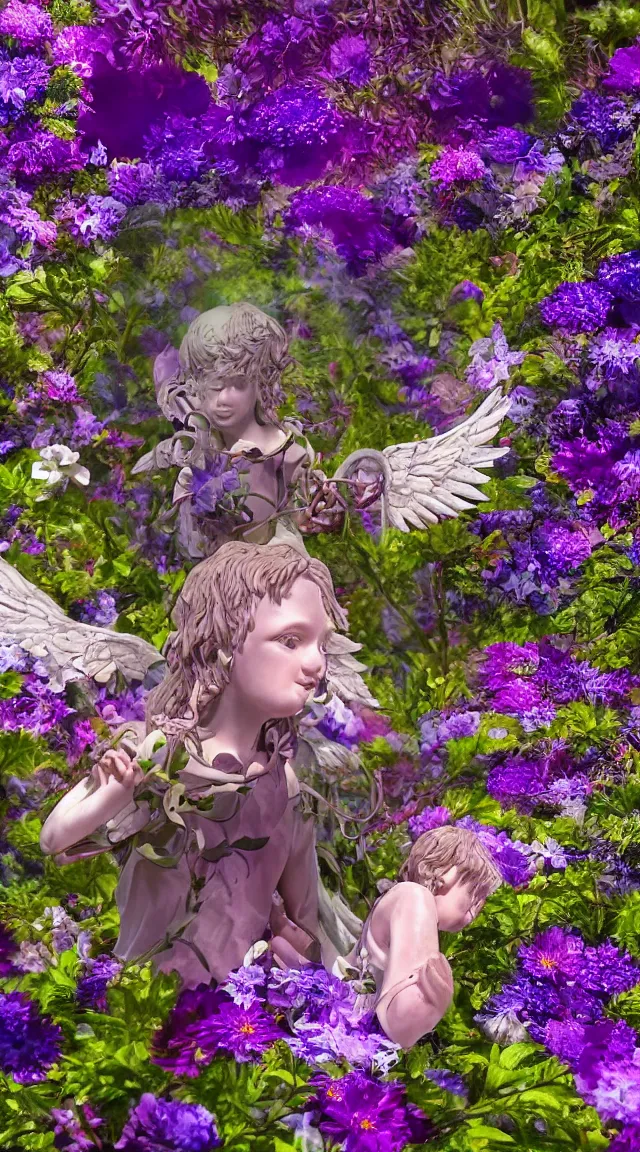 Image similar to tiny biblical angel in a garden, hyper detailed, sharp focus, bokeh, unreal engine, ray tracing, cute, fantasy, sci fi, purple flowers, blue flowers, violet flowers, glowing flowers, tiny, small, hyper realistic, sky, spinning rings with eyes, many eyes, rings of fire, biblical