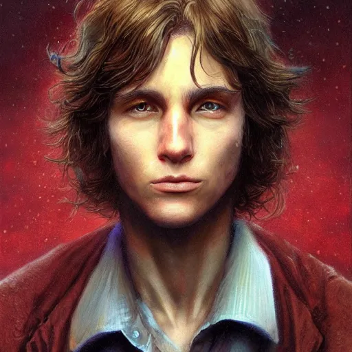 Image similar to a head - on portrait of a 2 0 - something engineering student, brown messy hair, by wayne barlowe and charlie bowater