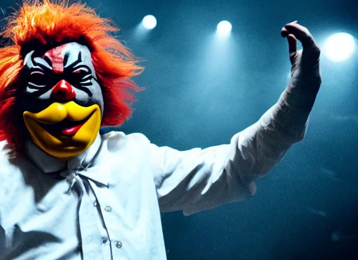 Image similar to publicity photo still of ronald mcdonald wearing a slipknot mask touring with slipknot live on stage, 8 k, live concert lighting, mid shot