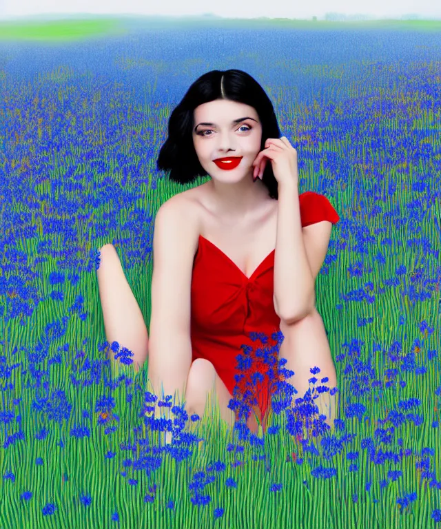 Image similar to happy girl with black hair, red lips, lying in a field of blue flowers, highly detailed, matte painting, academic drawing
