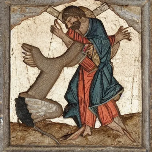 Prompt: goose biting jesus on the cross