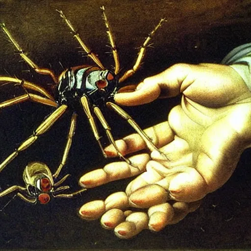 Prompt: oil painting of a hand full of spiders. impressionism caravaggio