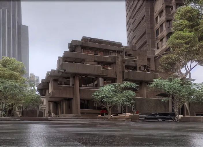 Image similar to a highly detailed brutalist frank lloyd wright building in the rocks, hyperrealism, highly detailed, intricate, cinematic, symmetrical and centered, front facing camera, sitting on a ground filled with puddles and reflections, cinematic, epic lighting, octane nvidia omniverse render in 4 k by syd meade and frederic church