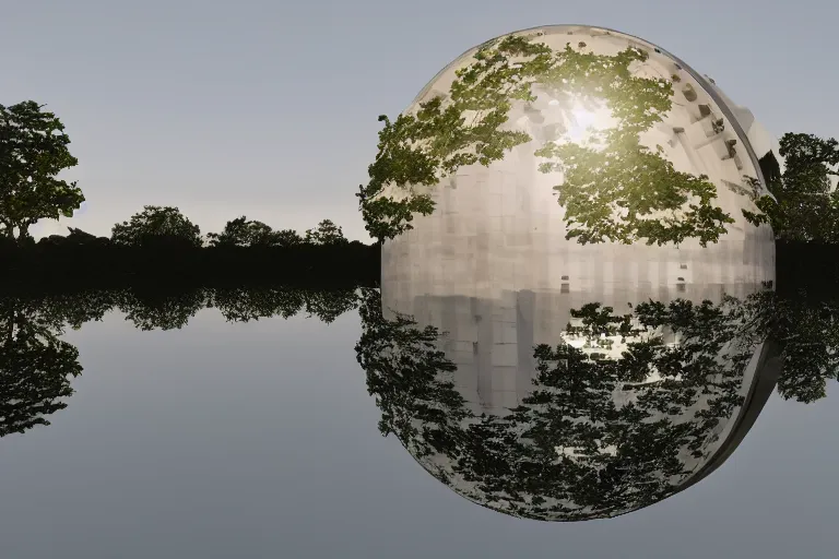Image similar to many white round spherical buildings are crowded and combined to form a building on the calm lake, by pierre bernard, on the calm lake, people's perspective, future, interior wood, dusk, unreal engine highly rendered, global illumination, radial light, internal environment