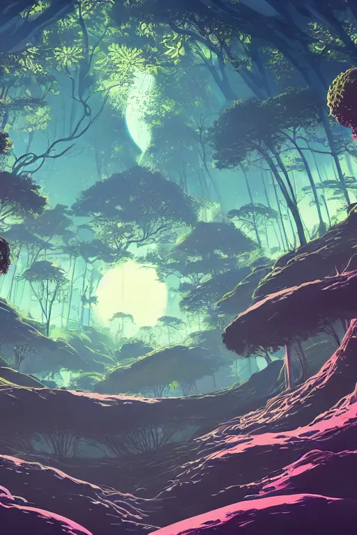 Image similar to concept art painting of an alien world with sentient forests, artgerm, moebius, inio asano, toon shading, cel shading, calm, tranquil, vaporwave colors,