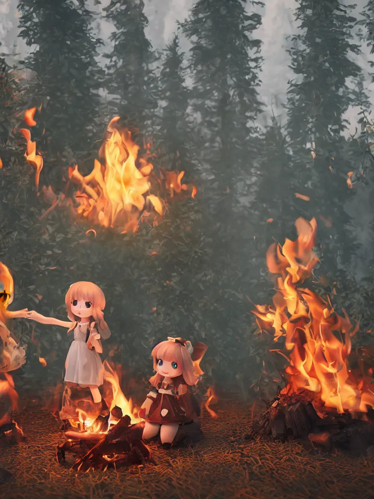 Image similar to cute fumo plush pyromaniac girl giddily starting a fire in the forest, campfire, flames, warm glow and volumetric smoke vortices, composition, vignette, vray