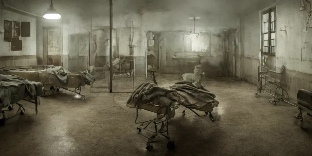 Prompt: depressing soviet hospital ward, demonic doctors, movie still, mad max film, low - key light, wide shot