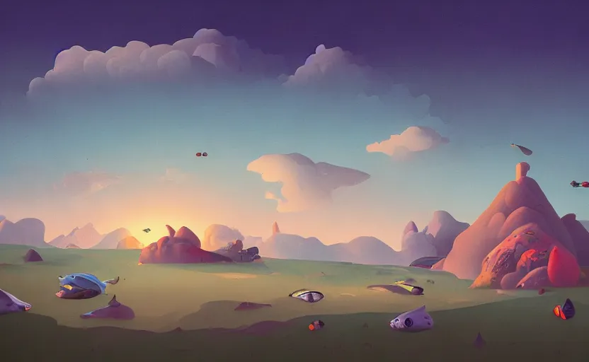 Prompt: A landscape painting of a hill with fishes floating in the sky by James Gilleard, Mark Ryden, Wolfgang Lettl highly detailed, Dark cineamtic and atmospheric lighting