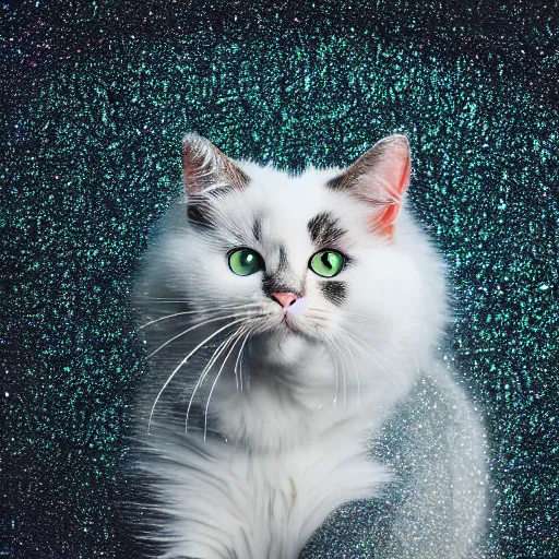 Image similar to a high - quality photo of a cat in a cloud of falling glitter, duochrome, hyperdetailed, f 1. 4, iso 2 0 0, sharpened, realistic eyes