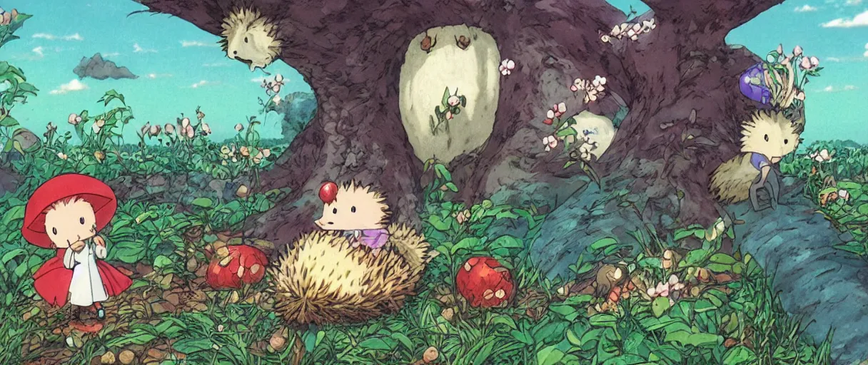 Image similar to anime by hayao miyazaki, hedgehog with purple needles hides under fly agaric from the rain