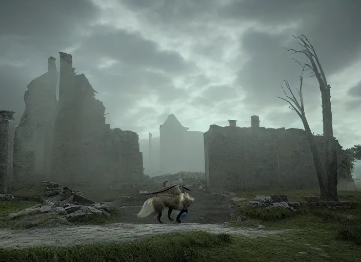 Prompt: a viking riding a giant wolf walks through the ruins of a viking village, horror, dramatic lighting, dawn, by caspar david friedrich, unreal engine 5