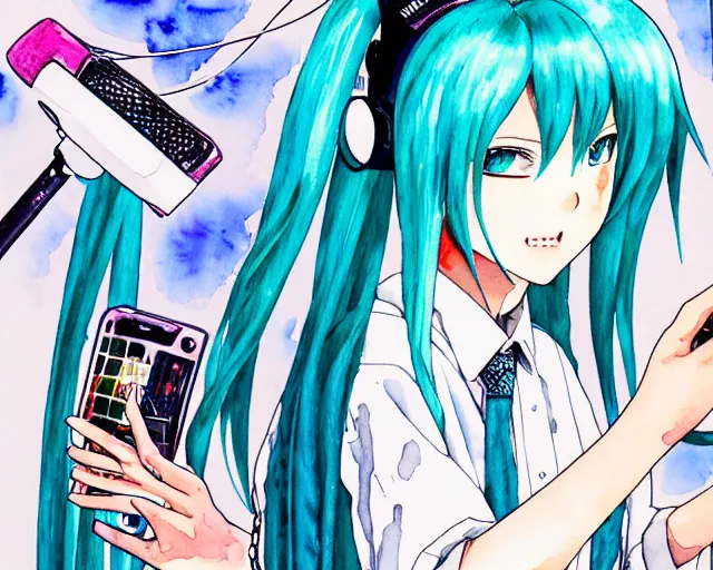 Image similar to a high detail watercolor of Hatsune Miku taking a selfie by Yukito Kishiro and katsuhiro otomo, illustration, hyper-detailed, colorful, complex, intricate, masterpiece, epic