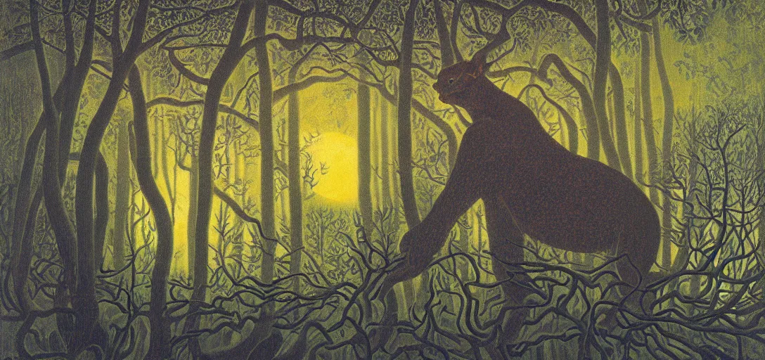 Image similar to portrait of a posed hyper detailed complex, plowhorn evangelion realistic mechanical and bioluminescent organic creature in a dark deep forest at dawn in spring, with reflection and textures, by henri rousseau