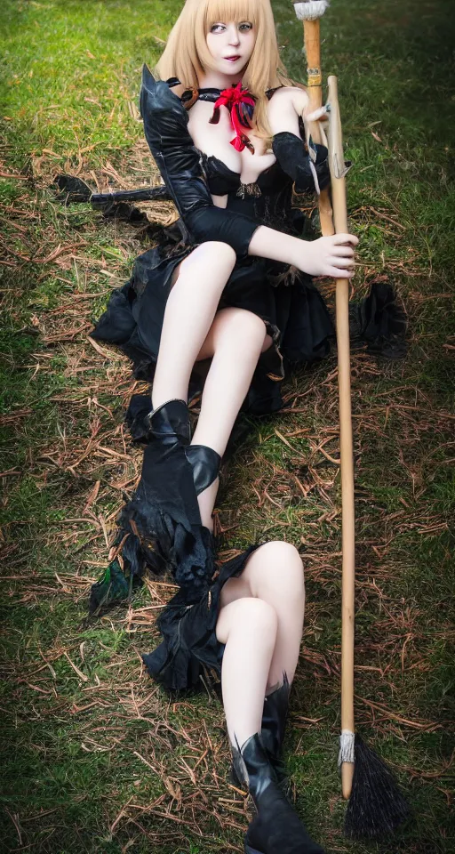 Image similar to young woman witch with magic wand and broom cosplay, she wears boots, full body shot, detailed face, photo taken by nikon, 4k, high quality, very detailed, intricant