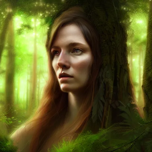 Image similar to a female woodland druid surrounded by forest animals, in the woods, hyper realistic, digital painting, photorealistic, in the style of greg rutkowski, detailed face