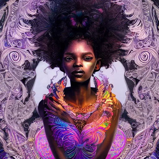 Prompt: the portrait of the absurdly beautiful, graceful, elegant, gorgeous, black young goddess made of rainbow crystals, an ultrafine hyperdetailed illustration by kim jung gi, irakli nadar, intricate linework, bright colors, octopath traveler, final fantasy, unreal engine 5 highly rendered, global illumination, radiant light, intricate environment