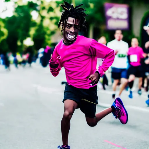 Image similar to portrait of midget down syndrome playboi carti running in a marathon, sharp focus, 4 k editorial photograph, soft lighting, depth of field