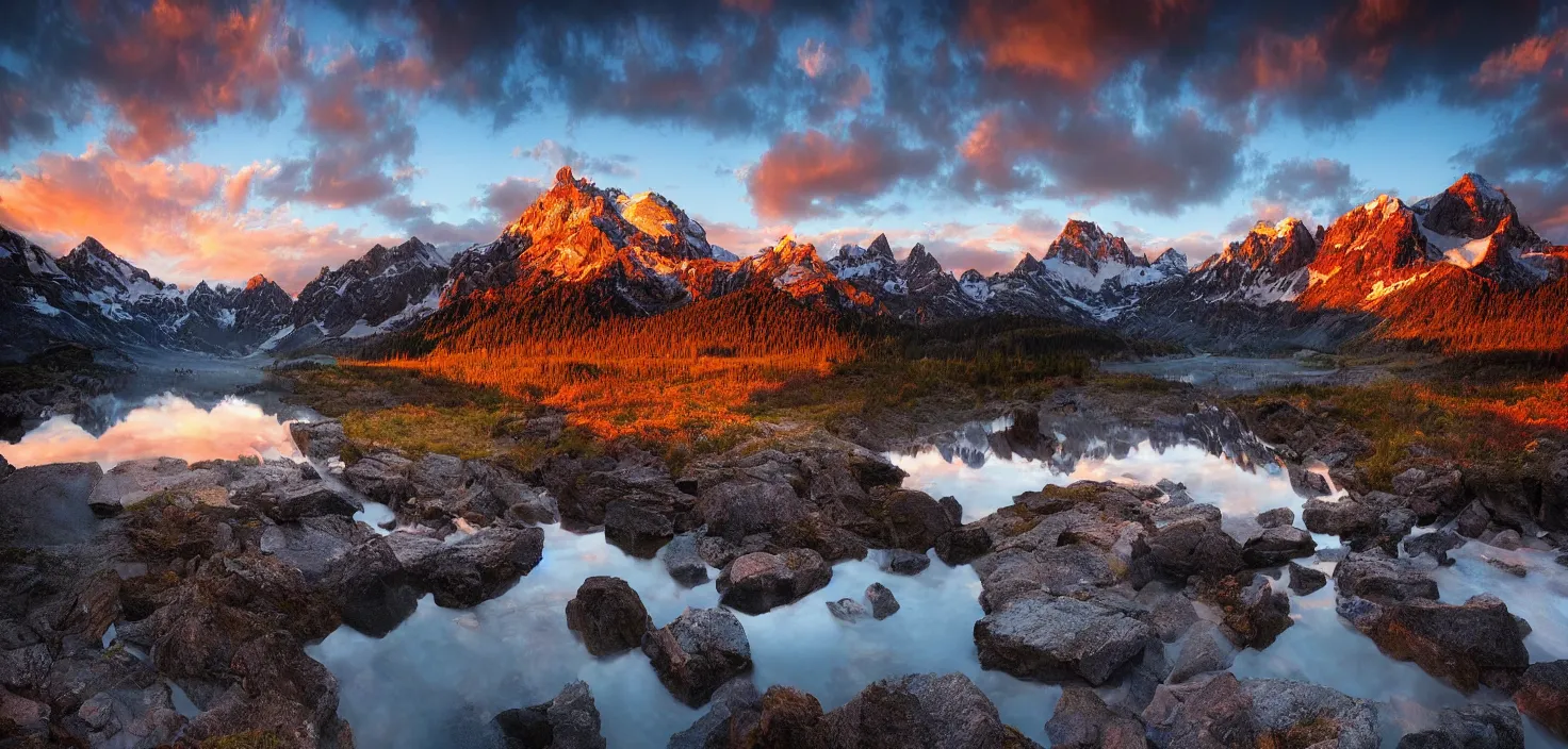 Image similar to amazing landscape photo of mountains with lake in sunset by marc adamus, beautiful dramatic lighting