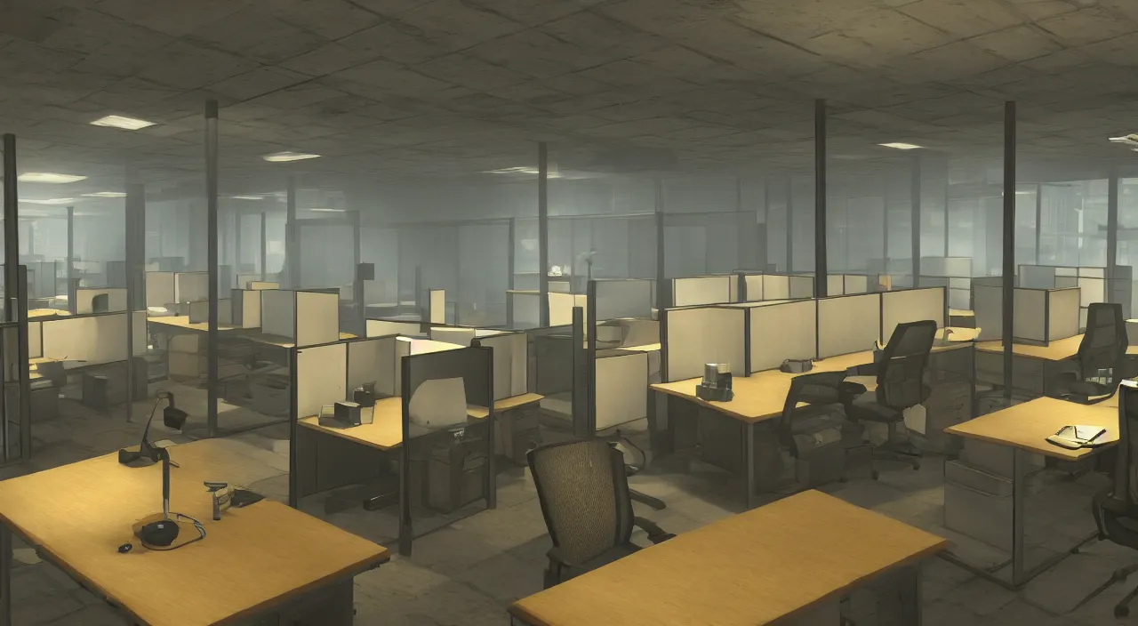 Image similar to An office at 3AM with multiple cubicles and a window that provides a view of the city, Source Engine, Gmod, Half Life 2, Bioshock, Outlast