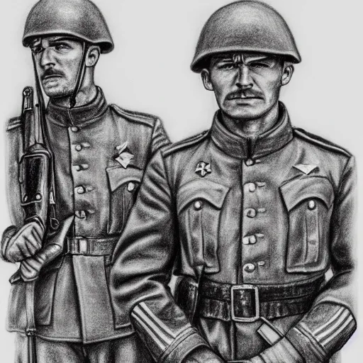 Image similar to a very detailed pencil drawing of a german soldier and a soviet soldier 4 k, high resolution, still, landscape, hd, dslr, hyper realistic, sketch