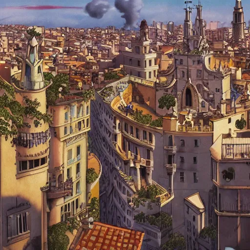 Prompt: a shot of a barcelona as a baroque city in howl's moving castle movie, movie shot, anime, hightly detailed, rescalated 4 k, detailed