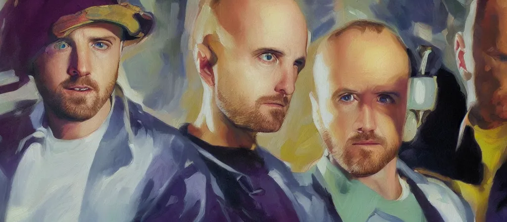 Image similar to an ultra detailed beautiful oil painting of jesse pinkman and heisenberg from breaking bad, colorful, soft shading, by sargent, by giovanni strazza, by raffaelo monti