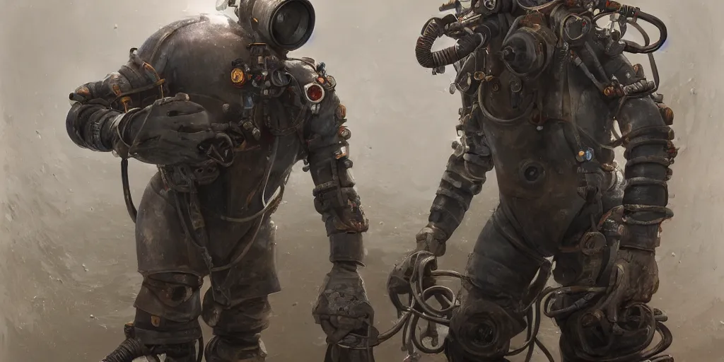 Image similar to highly detailed portrait painting of welder in atmospheric diving suit, mono eyed, by eddie mendoza and tyler edlin, windows, 8 k resolution