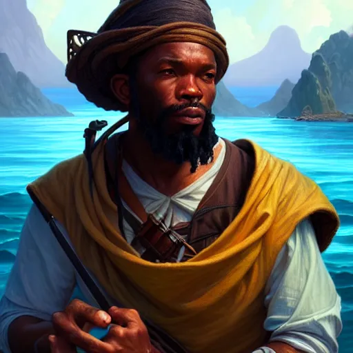 Image similar to fisherman, male, Jamaican, wide angle, open sea, D&D, fantasy, intricate, elegant, highly detailed, digital painting, artstation, octane render, concept art, matte, sharp focus, illustration, hearthstone, art by Artgerm and Greg Rutkowski and Alphonse Mucha