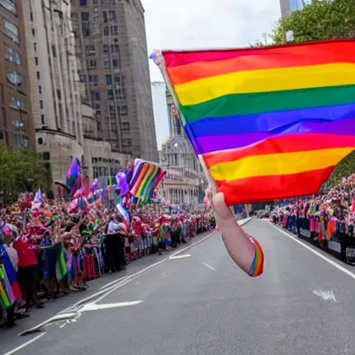 Image similar to donald trump waving a rainbow flag at a pride parade