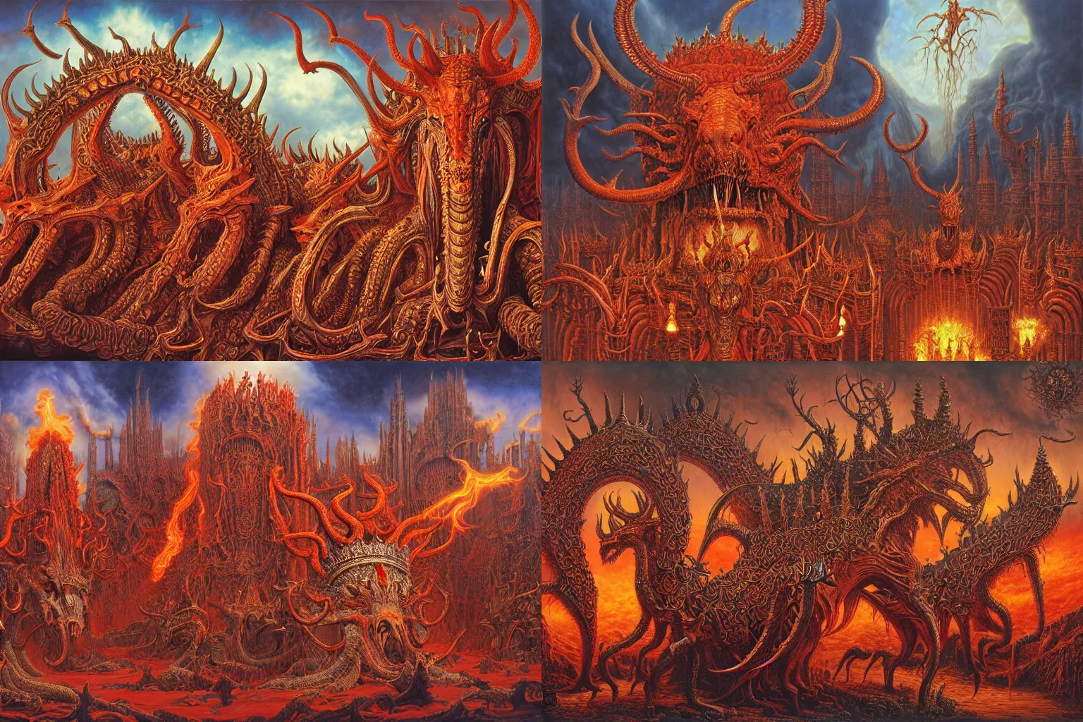 Prompt: diadems, crowns, on a ten horned beast with seven heads, fiery red, detailed, intricate, matte painting by Michael Whelan, Giger and Jacek Yerka