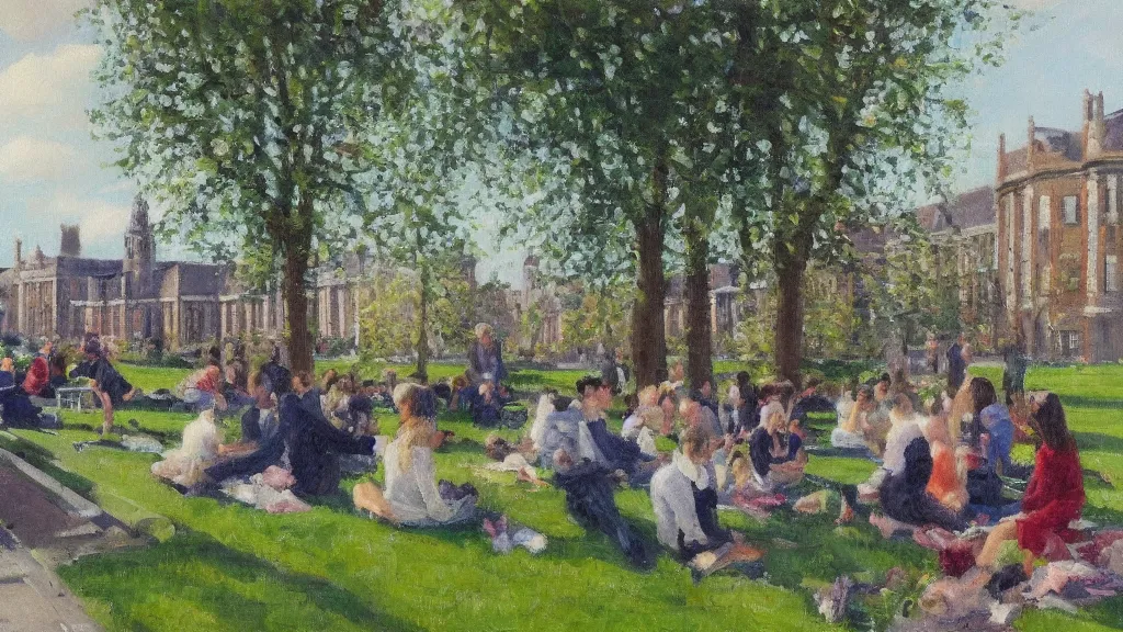 Image similar to impressionist oil painting of campus life at University college dublin