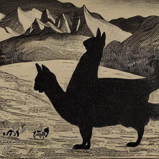 Prompt: 19th century woodcut, two black cats sitting on the back of a llama in the Andes