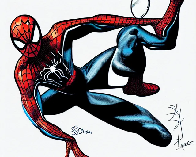 Image similar to photorealistic sketch of black spider - man with gold webbing by steve ditko