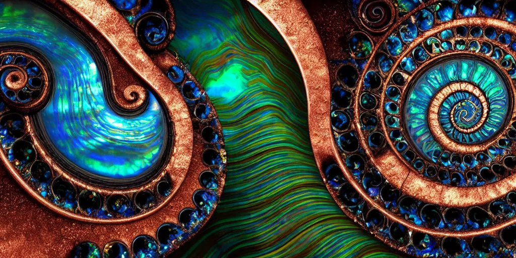 Image similar to cinematic landscape, art nouveau cresting oil slick waves, ammonite, bubbles in a shiny iridescent oil slick wave, black opals, ornate copper patina art nouveau spiral ornament, rococo, organic rippling spirals, hyperdetailed photorealistic ultrasharp octane render